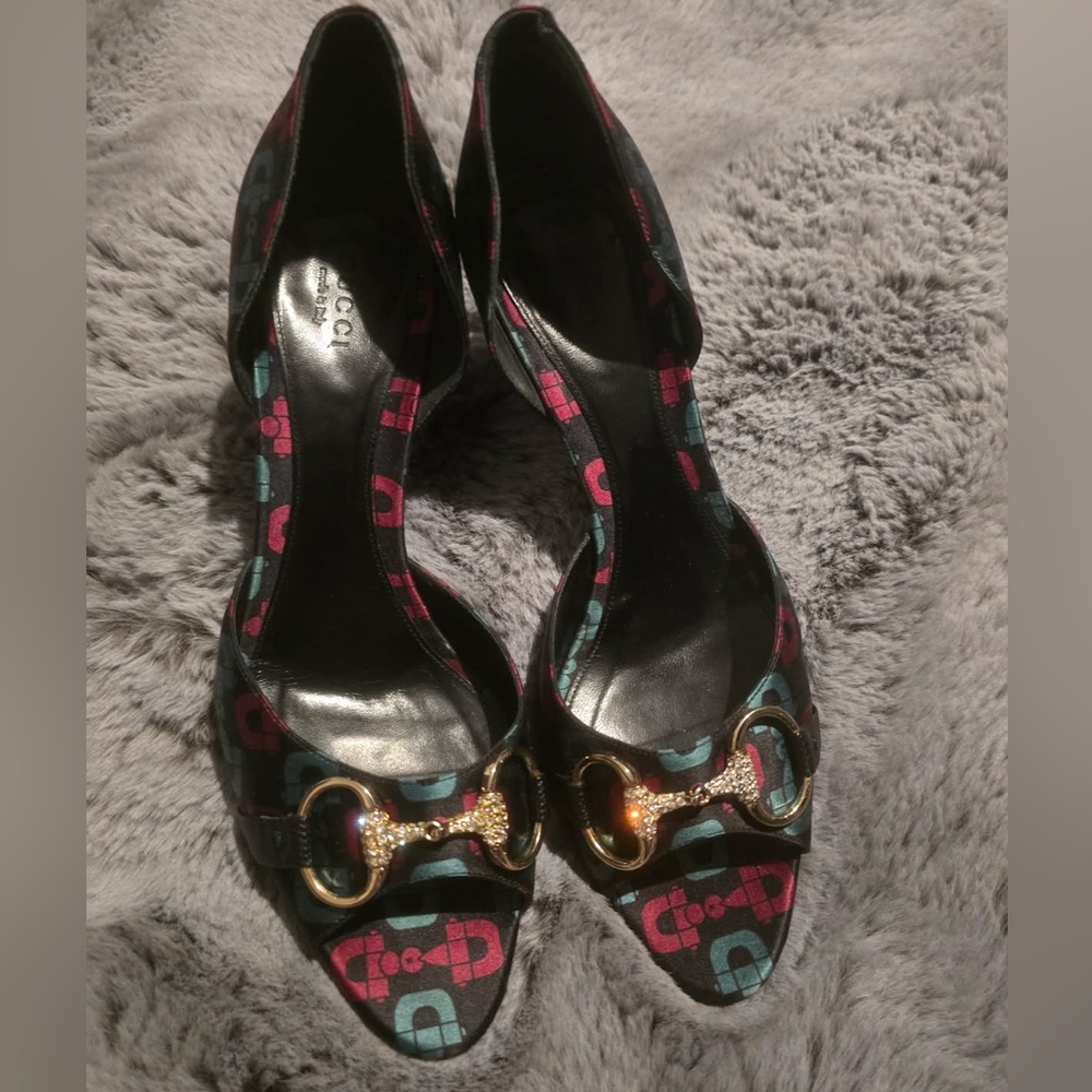 GUCCI 132461 Stiletto Womens Size 8B Black Heel Horsebit Peep Toe Pumps - Picture 2 of 7